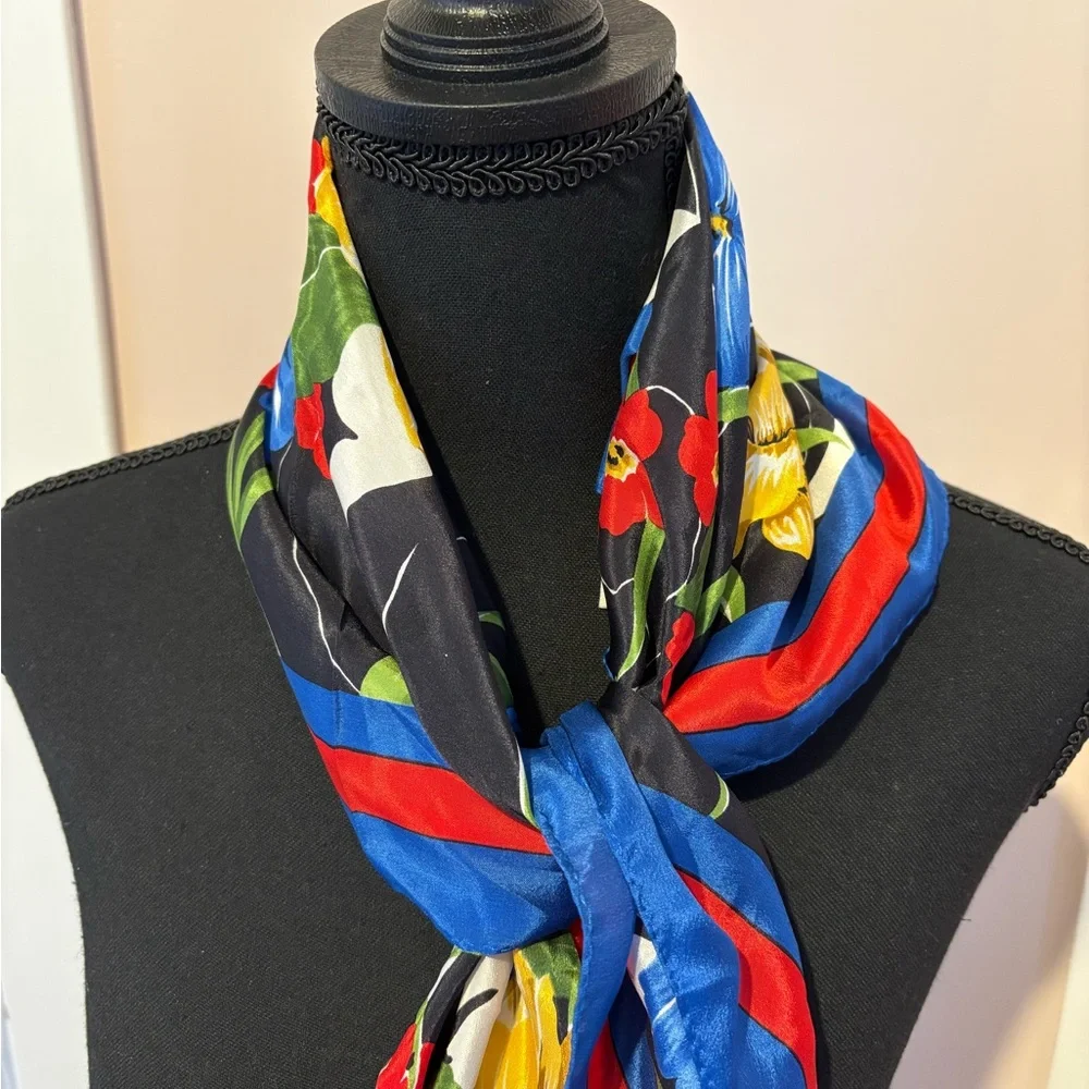 Vera Neumann Floral Silk Scarf in Blue, Red, Black.  One size